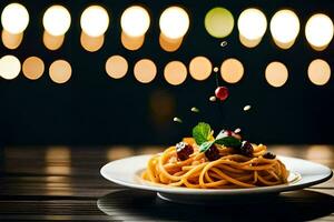 spaghetti with meat and vegetables on a plate. AI-Generated photo