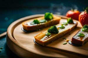 three slices of bread with vegetables on top. AI-Generated photo