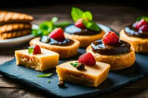 un plato de mini postres con chocolate y fresas generado por ai foto