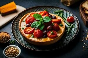 un queso tarta con Tomates, aceitunas y queso. generado por ai foto