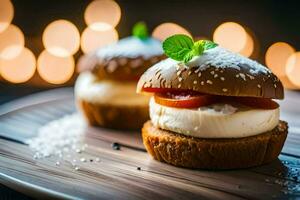 two mini sandwiches on a wooden plate with lights in the background. AI-Generated photo