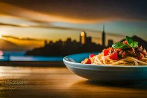 un plato de espaguetis con un ver de el san francisco horizonte. generado por ai foto