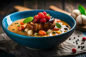 un cuenco de sopa con carne y vegetales. generado por ai foto