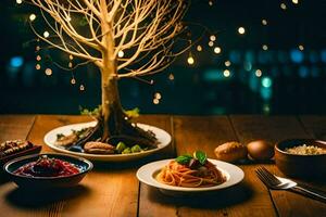 un mesa con un árbol y un plato de alimento. generado por ai foto