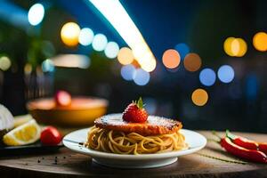 a plate of spaghetti with strawberries and tomatoes. AI-Generated photo