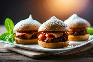 three mini sliders on a plate with cheese and pepper. AI-Generated photo