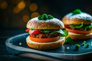 two hamburgers on a wooden board with lettuce and tomato. AI-Generated photo