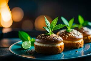 three mini donuts with chocolate icing on a blue plate. AI-Generated photo