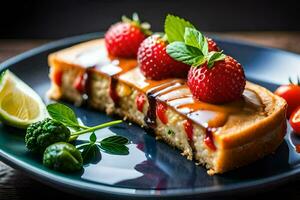 un pedazo de pastel con fresas y jarabe en él. generado por ai foto