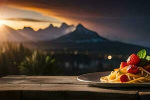 un plato de espaguetis con un montaña vista. generado por ai foto