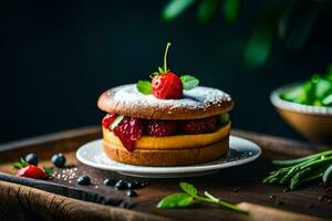 a strawberry cake with berries and a green salad. AI-Generated photo
