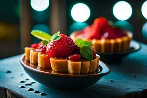 two small desserts with strawberries on top. AI-Generated photo