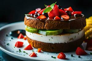 a cake with strawberries and kiwi on top. AI-Generated photo