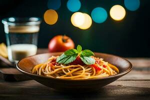 spaghetti with tomato sauce and basil leaves in a wooden bowl. AI-Generated photo