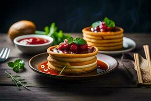 pancakes with sauce and garnish on a wooden table. AI-Generated photo