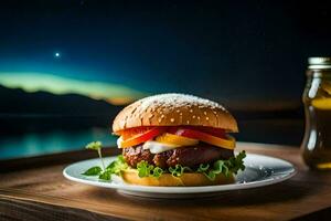 a hamburger with vegetables and meat on a plate. AI-Generated photo