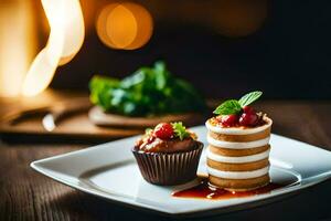 un postre en un plato con un magdalena generado por ai foto