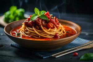 spaghetti with tomato sauce and meat in a wooden bowl. AI-Generated photo