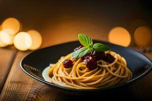 spaghetti with cranberry sauce on a wooden table. AI-Generated photo