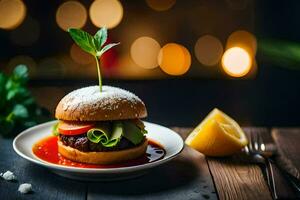 un hamburguesa con tomate salsa y lechuga en un lámina. generado por ai foto