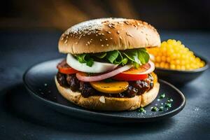 a hamburger with tomatoes, onions and corn on a black plate. AI-Generated photo