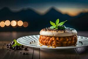 a dessert on a plate with a mountain in the background. AI-Generated photo