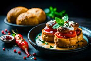 food on a plate with bread and tomatoes. AI-Generated photo