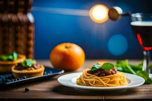 spaghetti with tomato sauce and bread on a plate. AI-Generated photo