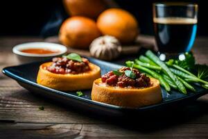 baked stuffed butternut squash with a spicy tomato sauce and a side of asparagus. AI-Generated photo