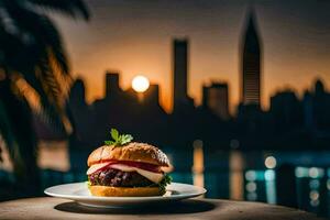 a hamburger on a plate with a city skyline in the background. AI-Generated photo