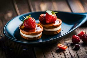 two small cakes with strawberries on top. AI-Generated photo