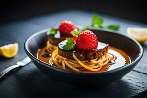 a bowl of spaghetti with meat and strawberries. AI-Generated photo