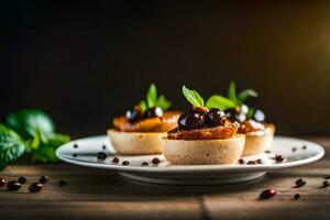 small pies with cherries and mint on a white plate. AI-Generated photo