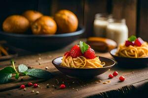 spaghetti with strawberries and mint on a wooden table. AI-Generated photo