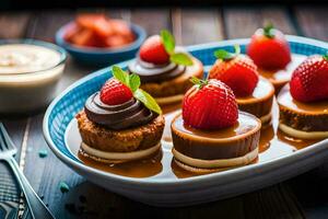 un plato con mini postres y fresas generado por ai foto