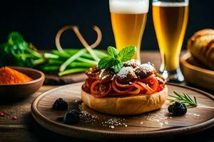 food on a plate with beer and bread. AI-Generated photo