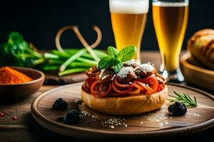 comida en un plato con cerveza y un pan. generado por ai foto