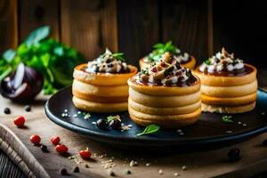 small cakes with cream and herbs on a black plate. AI-Generated photo