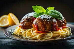 spaghetti with meatballs and lemon on a wooden table. AI-Generated photo