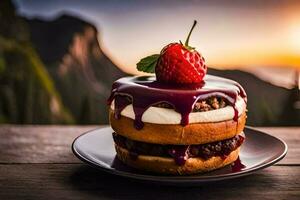 a cake with strawberries and cream on top. AI-Generated photo