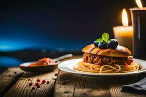 spaghetti and meatball sandwich on a plate with a candle. AI-Generated photo