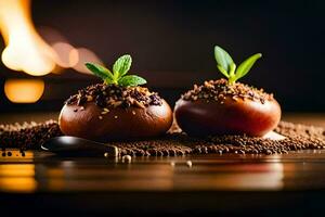 two chocolate balls with spices and leaves on a wooden table. AI-Generated photo