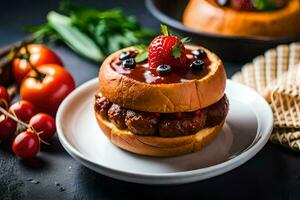 a hamburger with berries and tomatoes on a plate. AI-Generated photo