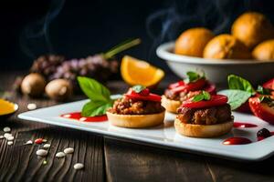 pequeño aperitivos en un blanco plato con salsa. generado por ai foto