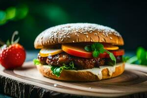 un hamburguesa con Tomates y lechuga en un de madera tablero. generado por ai foto