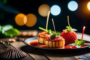 three scallops with strawberries and a candle on a plate. AI-Generated photo