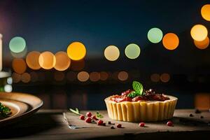 a dessert and a candle on a table with a view of the city. AI-Generated photo