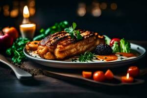 grilled fish on a plate with vegetables and candles. AI-Generated photo