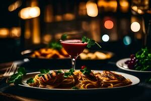 a plate of pasta and a drink on a table. AI-Generated photo