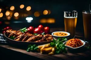 food and drink on a table with a beer. AI-Generated photo